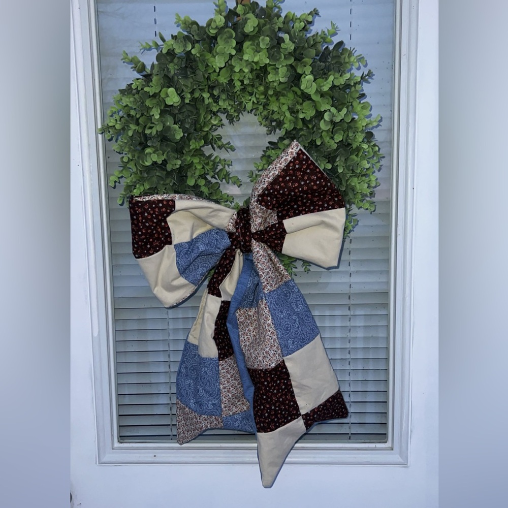 Patchwork Bow with Blue and Brown Patterns